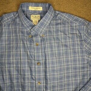 L.L. Bean Men L Tall Button Down Shirt Cotton Blue Plaid Wrinkle Resistant